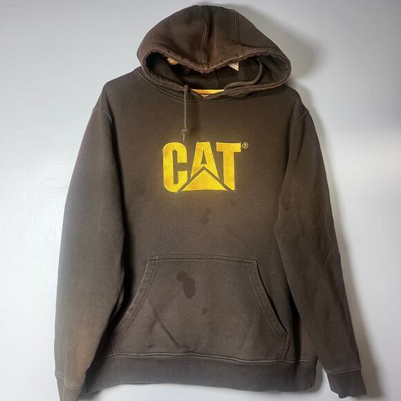 CAT Caterpillar Hoodie XL Brown Workwear Distressed Stains Heavyweight Pullover - Picture 13 of 14